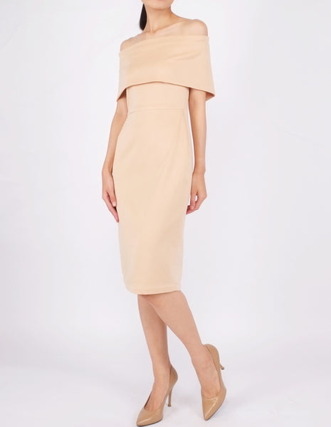 Evita Off-Shoulder Midi Dress (Beige)