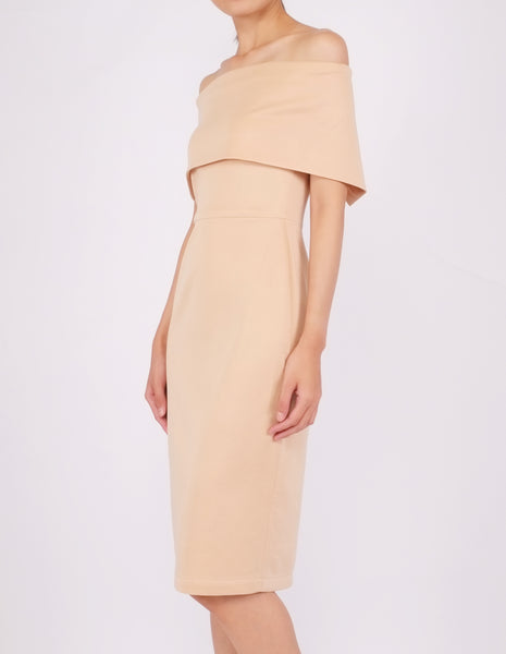 Evita Off-Shoulder Midi Dress (Beige)