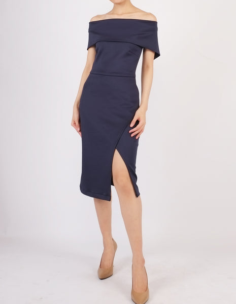 Elvira Off-Shoulder Split Dress (Navy)