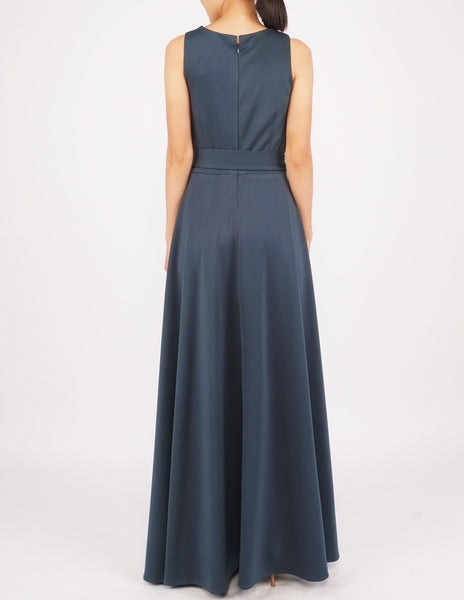 Heloise Long Dress with Sash (Bottle Green)